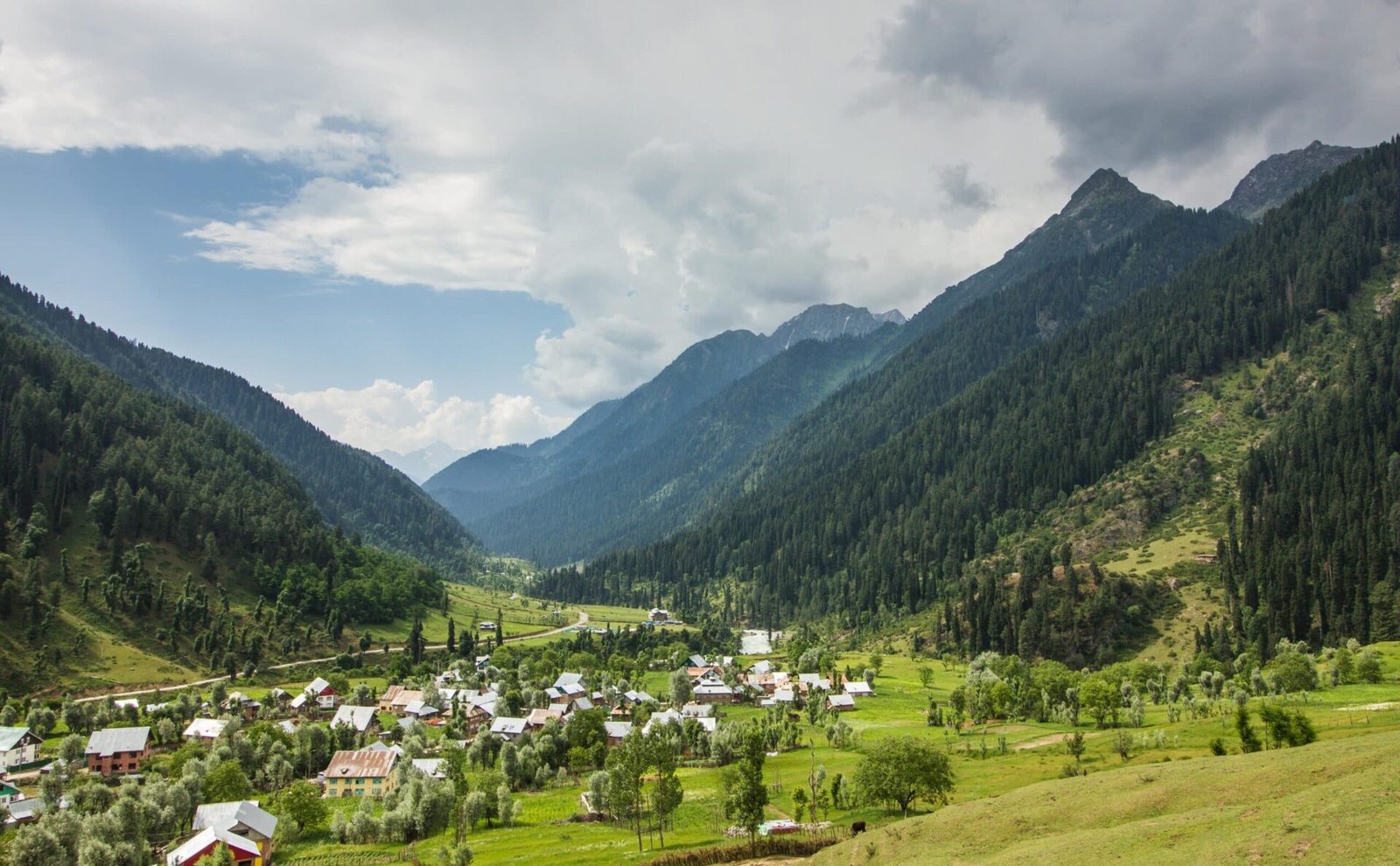 Lush green valley with scattered houses in Aru Valley