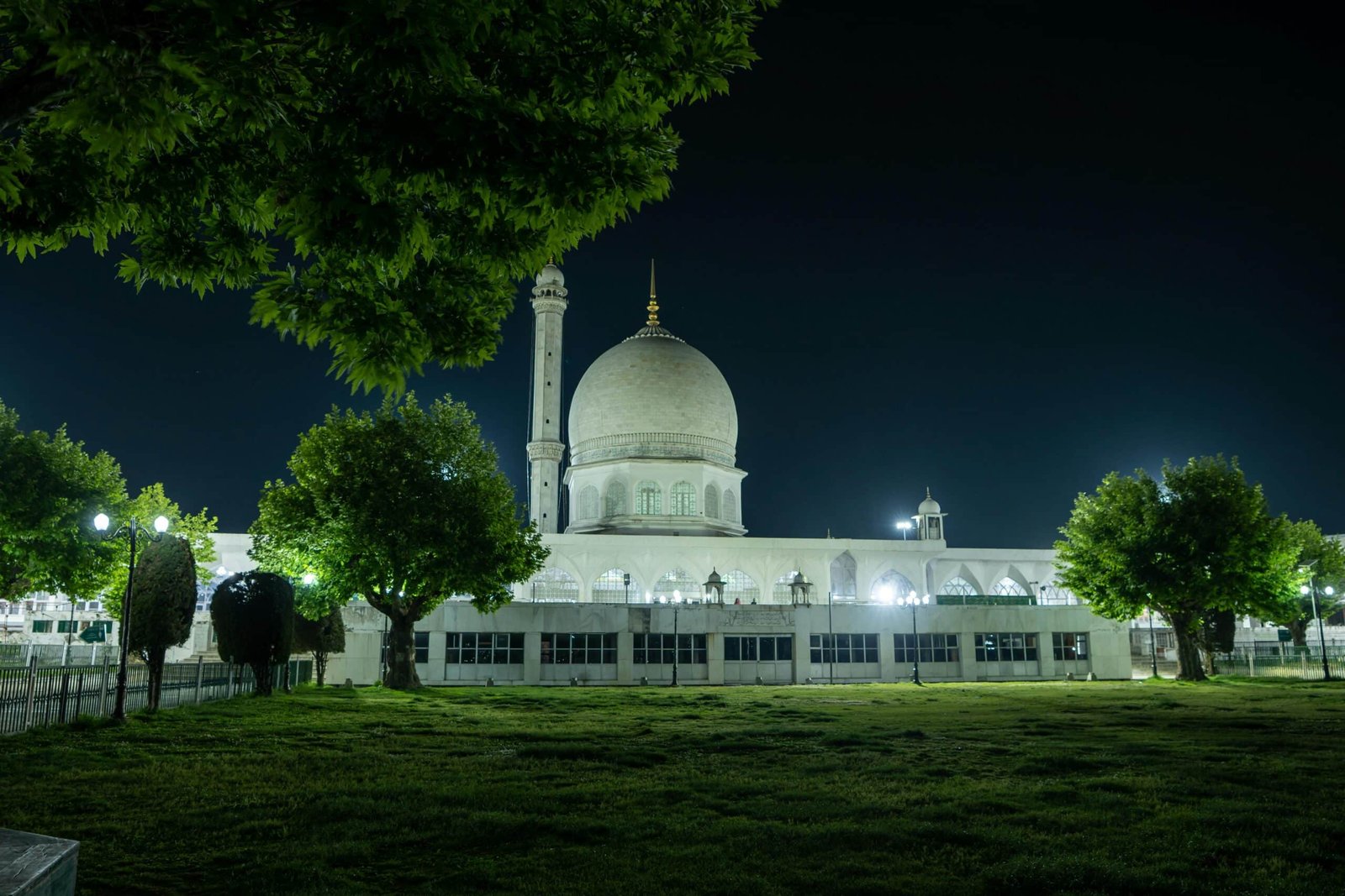 This is a night view of the Hazratbal Shrine in Srinagar, Kashmir
