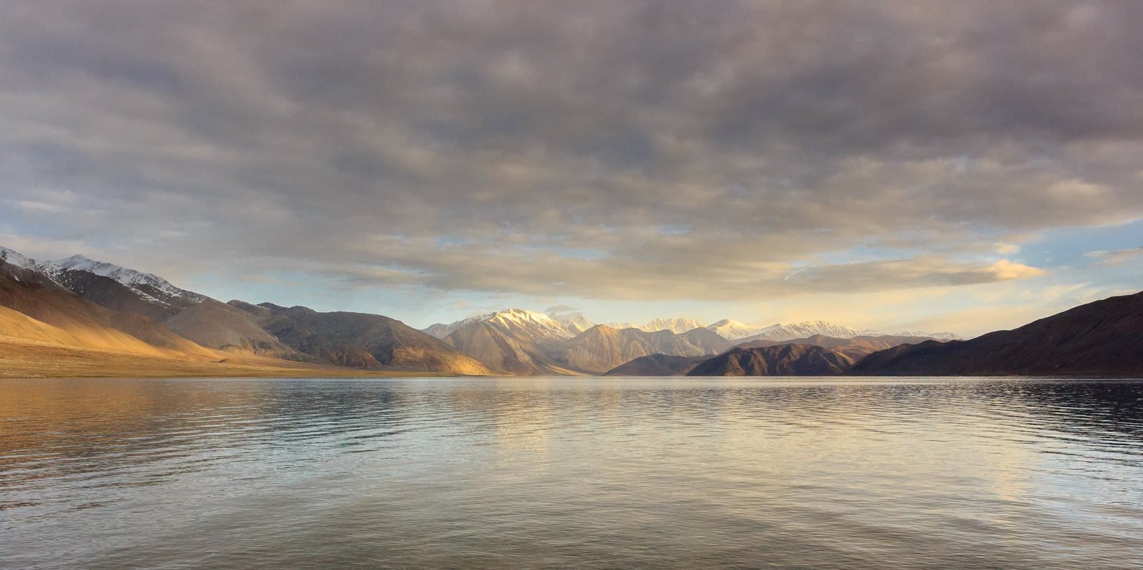 Tranquil view of Pangong Lake with snow-capped mountains