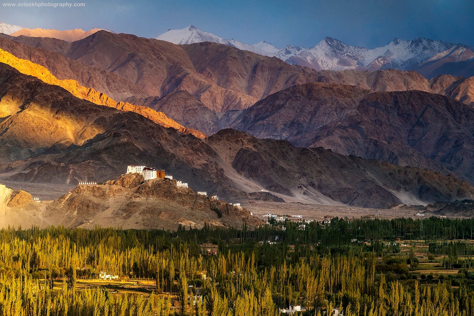 Shey Monastery on a hilltop above a green valley with mountains in the background