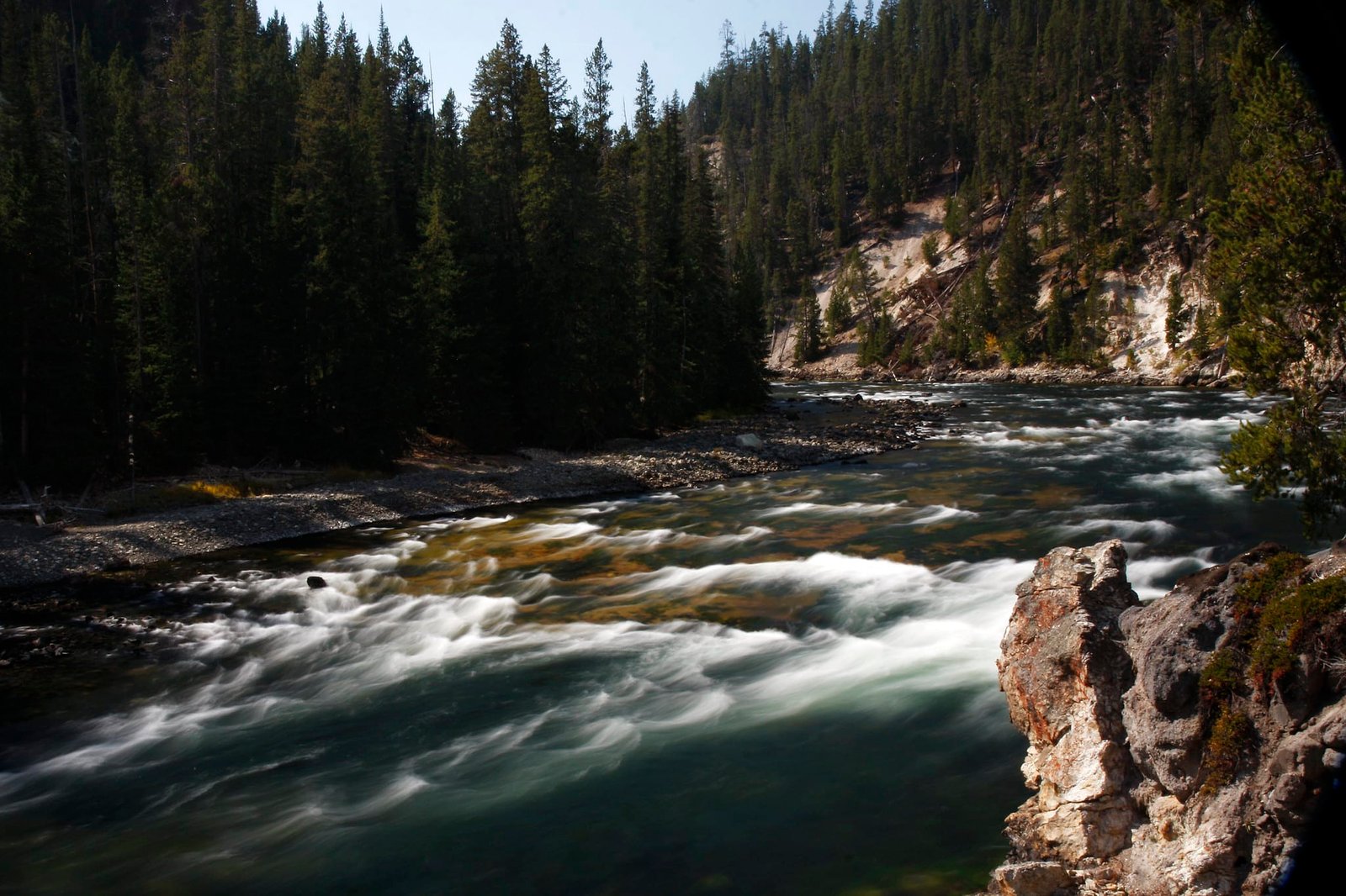 Fast-flowing river through a forested mountain valley
