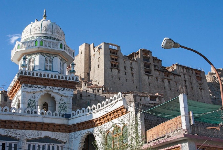 Jama Masjid in Leh with Leh Palace in the background
