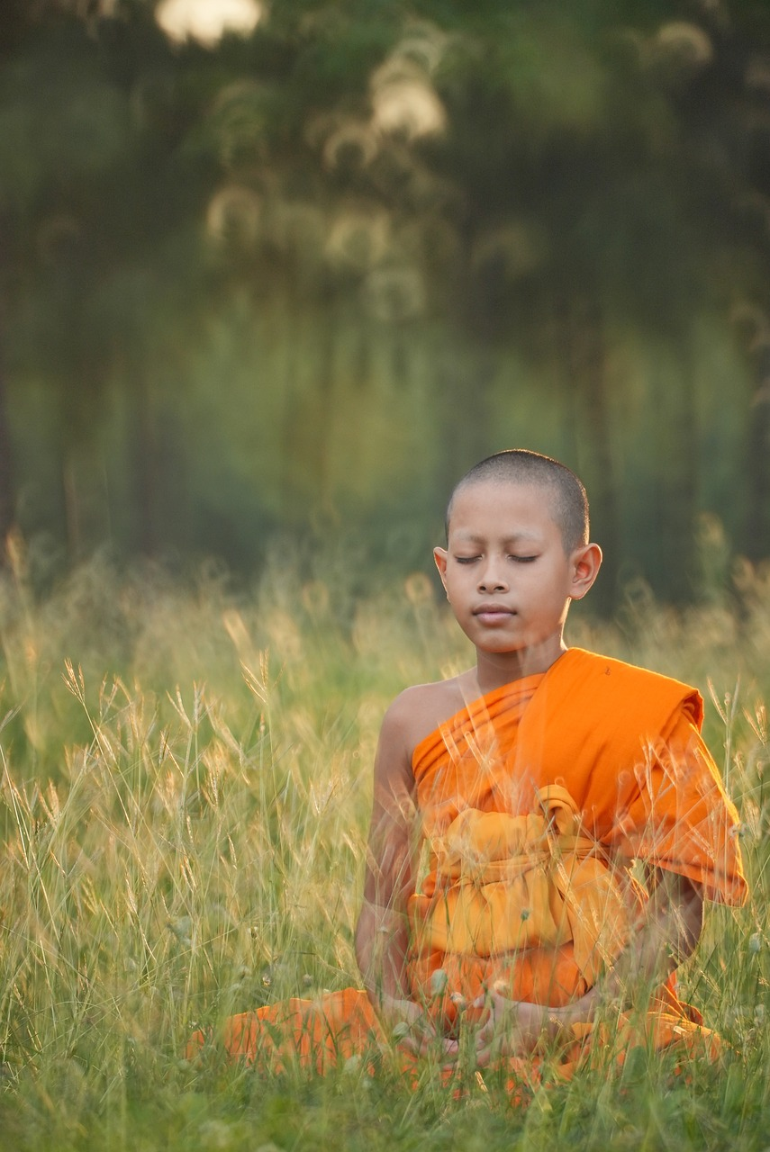 Young monk meditating in a grassy field of Patnitop