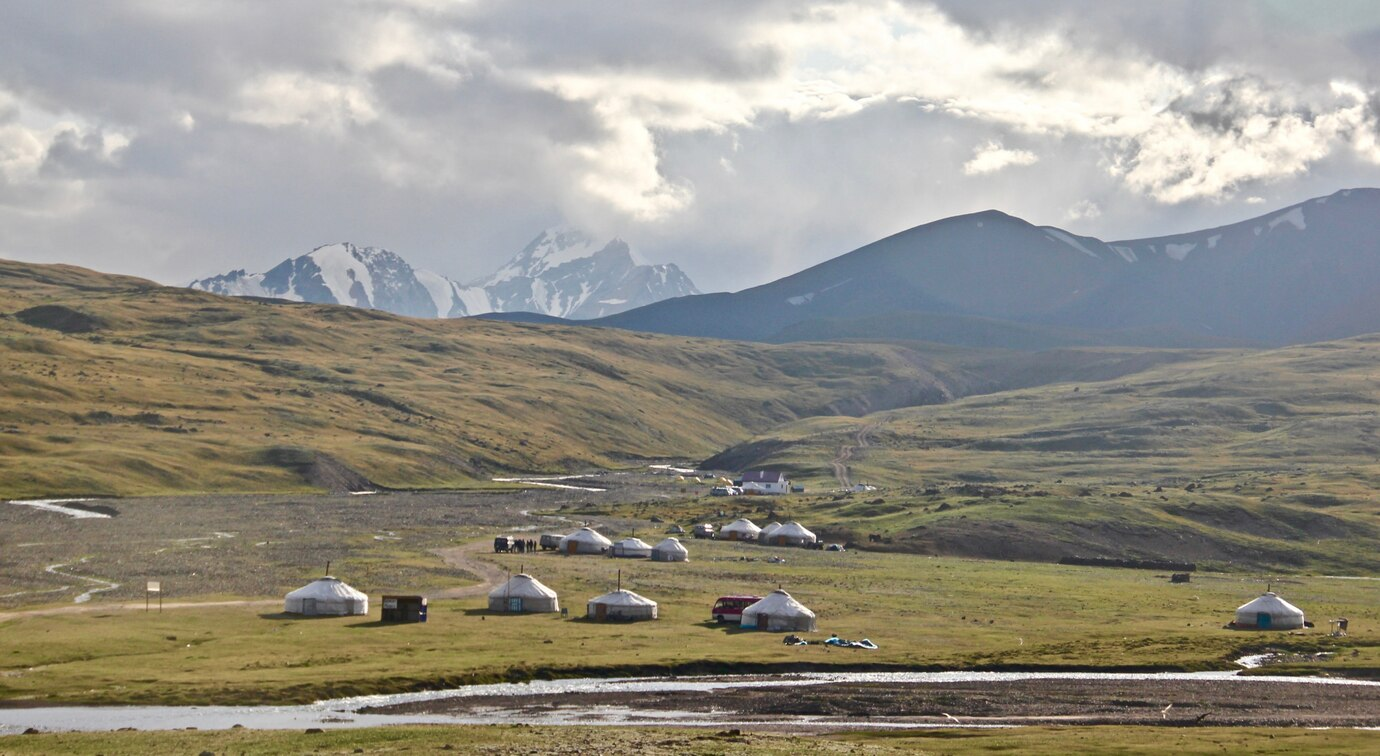 Traditional tents in Sham Valley with snow-capped mountains and grassy meadows in Ladakh