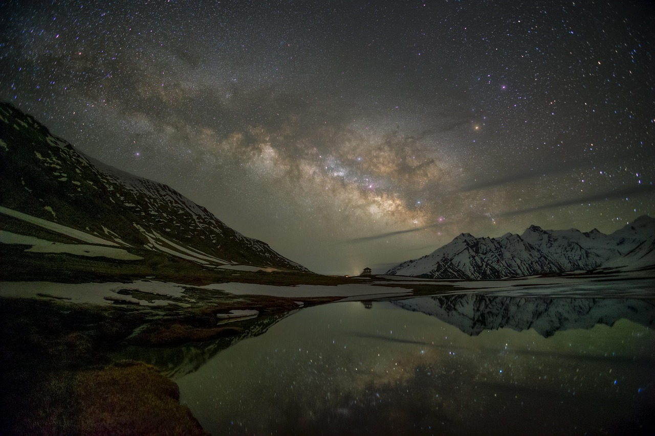 Starry night sky and Milky Way reflected in a calm mountain lake surrounded by snow-covered peaks