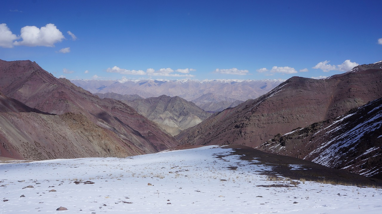 Snowy landscape with mountain ridges in Suru Valley under blue sky