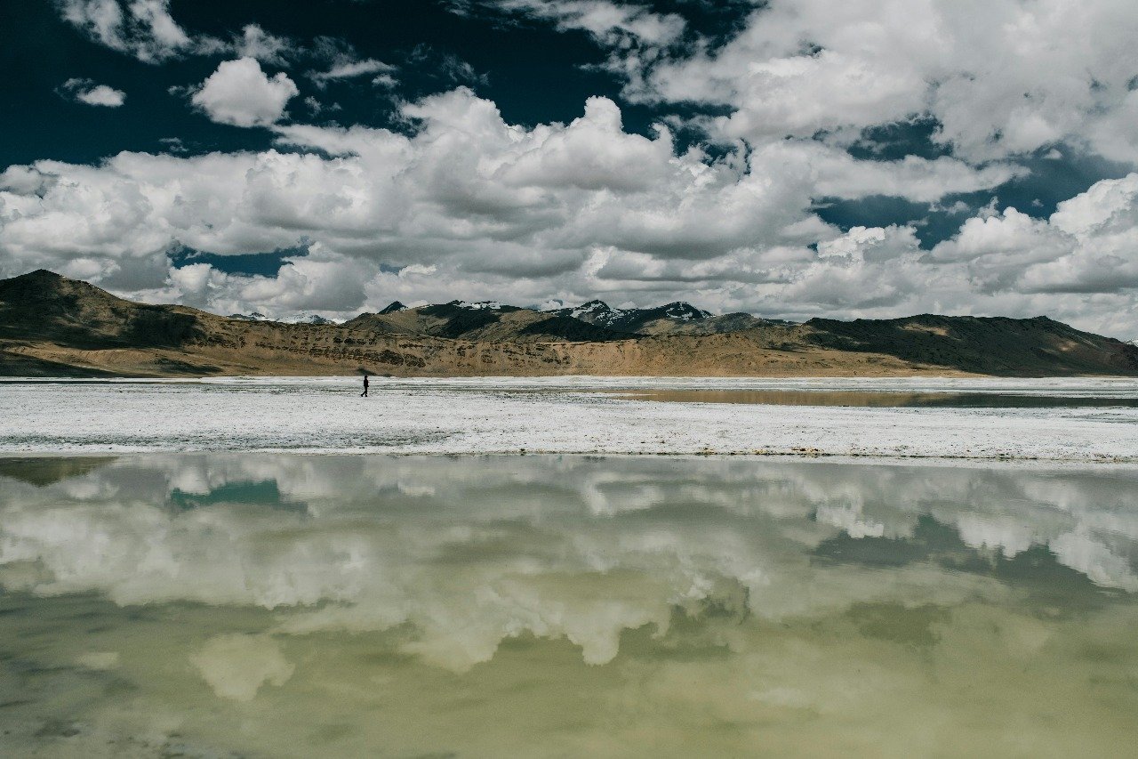 Tso Kar Lake with cloudy sky and mountain reflections in still water