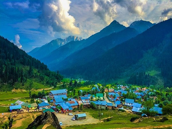 Colorful village houses with blue roofs surrounded by lush green hills and tall pine forests in Pahalgam